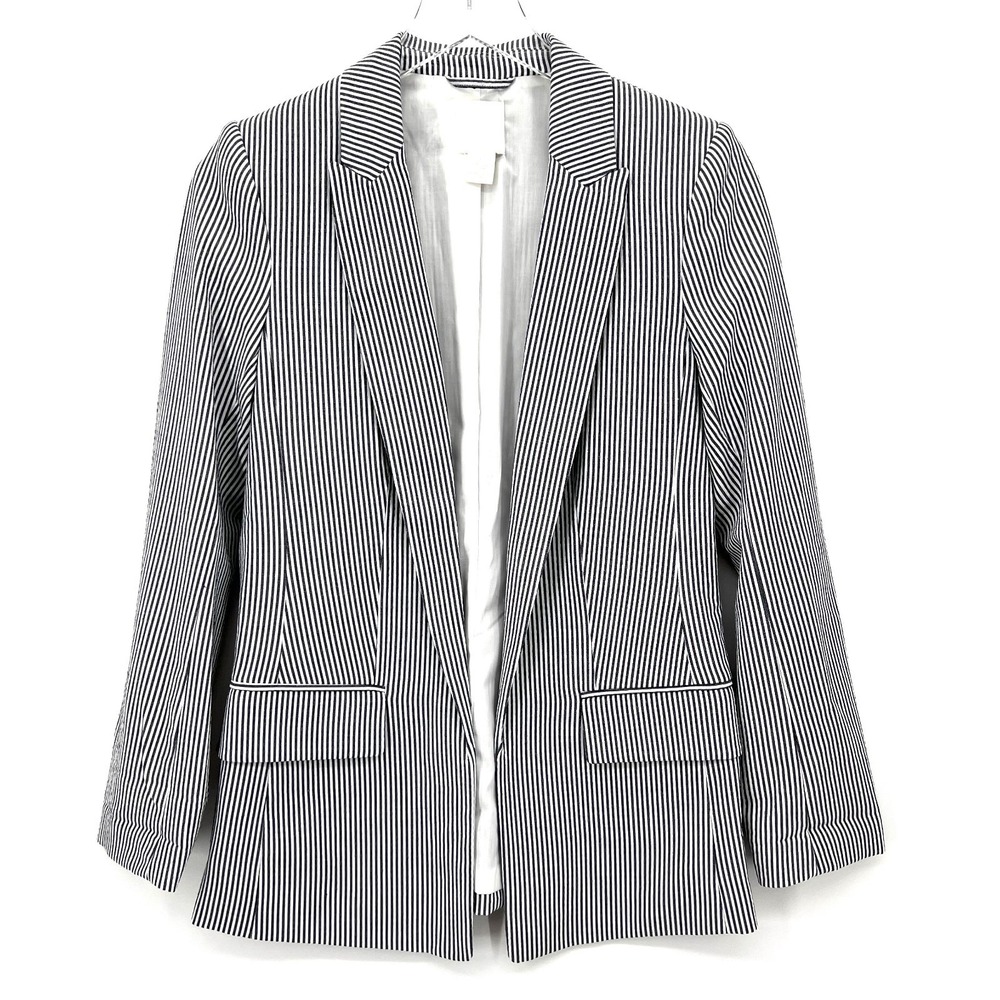 H&M Seersucker Blazer Jacket Womens Size 2 Blue White Pinstripe Preppy Old Money